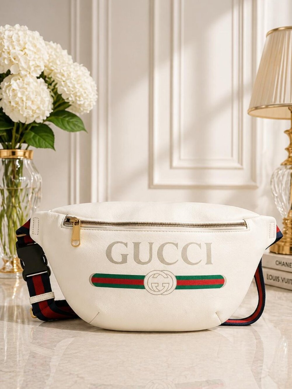 Authentic Gucci Logo Belt Bag Medium White Leather GG Waist Bag Crossbody